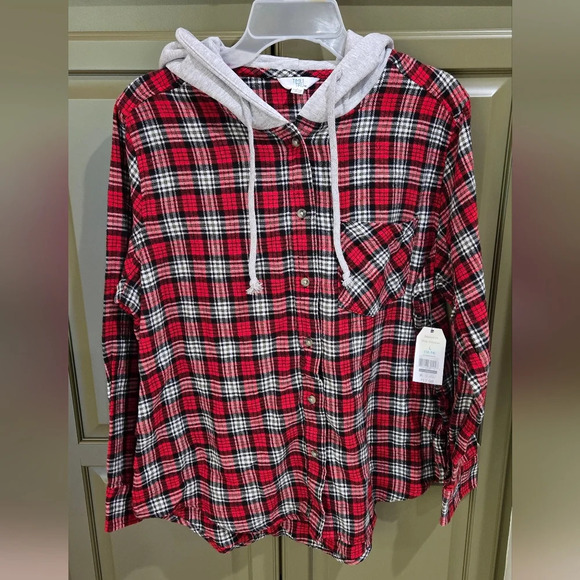 Nwt time & Tru red long sleeve button down flannel with hood - Picture 1 of 4